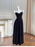 Elegant A line Spaghetti Straps Black Chiffon Sleeveless Long Evening Party Gowns Evening Formal Dresses Prom Dress HZ1214