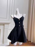 Trendy A Line Spaghetti Straps Black Satin Formal Short 8th Grade Homecoming Dress Summer Middle School Hoco Dresses Birthday Outfits HZ1214