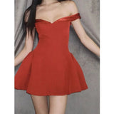 Trendy A line Off The Shoulder Satin Red Formal Short 8th Grade Homecoming Dress Summer Middle School Hoco Dresses Birthday Outfits HZ1214