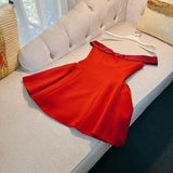 Trendy A line Off The Shoulder Satin Red Formal Short 8th Grade Homecoming Dress Summer Middle School Hoco Dresses Birthday Outfits HZ1214