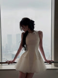Trendy Ball Gown Scoop White Satin Formal Short 8th Grade Homecoming Dress Summer Middle School Hoco Dresses Birthday Outfits HZ1214
