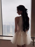 Trendy Ball Gown Scoop White Satin Formal Short 8th Grade Homecoming Dress Summer Middle School Hoco Dresses Birthday Outfits HZ1214