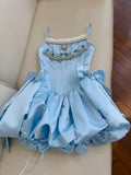Trendy Ball Gown Spaghetti Straps Blue Satin Sleeveless Formal Short 8th Grade Homecoming Dress Summer Middle School Hoco Dresses Cocktail Dress Birthday Outfits HZ1214
