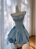Trendy Ball Gown Spaghetti Straps Blue Satin Sleeveless Formal Short 8th Grade Homecoming Dress Summer Middle School Hoco Dresses Cocktail Dress Birthday Outfits HZ1214
