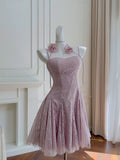 Trendy A line Spaghetti Straps Lilac Lace Sleeveless Formal Short 8th Grade Homecoming Dress Summer Middle School Hoco Dresses Cocktail Dress Birthday Outfits HZ1214