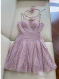 Trendy A line Spaghetti Straps Lilac Lace Sleeveless Formal Short 8th Grade Homecoming Dress Summer Middle School Hoco Dresses Cocktail Dress Birthday Outfits HZ1214