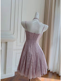 Trendy A line Spaghetti Straps Lilac Lace Sleeveless Formal Short 8th Grade Homecoming Dress Summer Middle School Hoco Dresses Cocktail Dress Birthday Outfits HZ1214