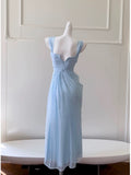 Elegant A line Straps Light Sky Blue Chiffon Sleeveless Long Evening Party Gowns Evening Formal Dresses Prom Dress HZ1214