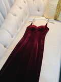 Elegant Sheath Spaghetti Straps Burgundy Velvet Sleeveless Long Evening Party Gowns Evening Formal Dresses Prom Dress HZ1214