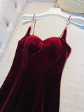 Elegant Sheath Spaghetti Straps Burgundy Velvet Sleeveless Long Evening Party Gowns Evening Formal Dresses Prom Dress HZ1214