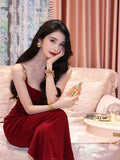 Elegant Sheath Spaghetti Straps Burgundy Velvet Sleeveless Long Evening Party Gowns Evening Formal Dresses Prom Dress HZ1214