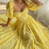 Elegant A line Sweetheart Lace Yellow Sleeveless Long Evening Party Gowns Evening Formal Dresses Prom Dress HZ1214