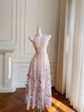 Elegant A line Halter Tulle Lace Blush Pink Sleeveless Long Evening Party Gowns Evening Formal Dresses Prom Dress HZ1214