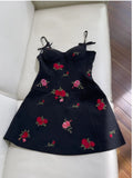 Trendy A line Spaghetti Straps Black Floral Short 8th Grade Homecoming Dress Summer Middle School Hoco Dresses Cocktail Dress Birthday Outfits HZ1214