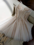 Cute A line Spaghetti Straps Champagne Formal Short 8th Grade Homecoming Dress Summer Middle School Hoco Dresses Birthday Outfits HZ1214