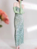 Elegant Sheath Spaghetti Straps Sequin Green Sleeveless Long Evening Party Gowns Evening Formal Dresses Prom Dress HZ1214