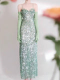 Elegant Sheath Spaghetti Straps Sequin Green Sleeveless Long Evening Party Gowns Evening Formal Dresses Prom Dress HZ1214