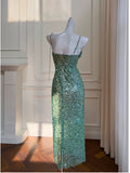 Elegant Sheath Spaghetti Straps Sequin Green Sleeveless Long Evening Party Gowns Evening Formal Dresses Prom Dress HZ1214