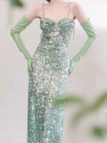 Elegant Sheath Spaghetti Straps Sequin Green Sleeveless Long Evening Party Gowns Evening Formal Dresses Prom Dress HZ1214