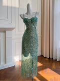 Elegant Sheath Spaghetti Straps Sequin Green Sleeveless Long Evening Party Gowns Evening Formal Dresses Prom Dress HZ1214