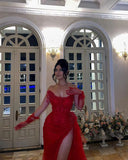 Sexy Mermaid Sweetheart Red Sequin Split Prom Dresses With Gloves Party Dress Summer 20th Birthday Outfits Birthday Dresses HZ1214