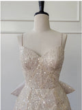 Cute A line Spaghetti Straps Champagne Sequin Formal Short 8th Grade Homecoming Dress Summer Middle School Hoco Dresses Birthday Outfits HZ1214