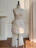 Cute A line Spaghetti Straps Champagne Sequin Formal Short 8th Grade Homecoming Dress Summer Middle School Hoco Dresses Birthday Outfits HZ1214