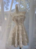 Cute A line Spaghetti Straps White Flowers Formal Short 8th Grade Homecoming Dress Summer Middle School Hoco Dresses Birthday Outfits HZ1214