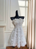 Cute A line Spaghetti Straps White Flowers Formal Short 8th Grade Homecoming Dress Summer Middle School Hoco Dresses Birthday Outfits HZ1214