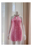 Cute Sheath High Neck Pink Sequin Formal Short 8th Grade Homecoming Dress Summer Middle School Hoco Dresses Birthday Outfits HZ1214