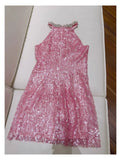 Cute Sheath High Neck Pink Sequin Formal Short 8th Grade Homecoming Dress Summer Middle School Hoco Dresses Birthday Outfits HZ1214