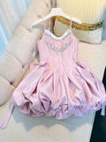 Trendy Ball Gown Spaghetti Straps Pink Satin Sleeveless Formal Short 8th Grade Homecoming Dress Summer Middle School Hoco Dresses Cocktail Dress Birthday Outfits HZ1214