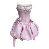 Trendy Ball Gown Spaghetti Straps Pink Satin Sleeveless Formal Short 8th Grade Homecoming Dress Summer Middle School Hoco Dresses Cocktail Dress Birthday Outfits HZ1214