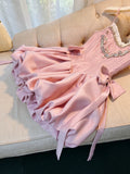 Trendy Ball Gown Spaghetti Straps Pink Satin Sleeveless Formal Short 8th Grade Homecoming Dress Summer Middle School Hoco Dresses Cocktail Dress Birthday Outfits HZ1214