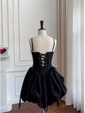 Elegant A line Spaghetti Straps Little Black Dress Satin Sleeveless Formal Short 8th Grade Homecoming Dress Summer Middle School Hoco Dresses Cocktail Dress Birthday Outfits HZ1214
