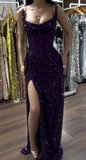 Sparkly Mermaid Strapless Grape Sequin Long Slit Evening Party Gowns Evening Dress Special Formal Dresses Prom Dress HZ1121
