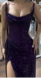 Sparkly Mermaid Strapless Grape Sequin Long Slit Evening Party Gowns Evening Dress Special Formal Dresses Prom Dress HZ1121