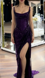 Sparkly Mermaid Strapless Grape Sequin Long Slit Evening Party Gowns Evening Dress Special Formal Dresses Prom Dress HZ1121