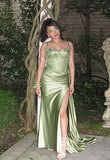 Sexy Mermaid Spaghetti Straps Mint Green Satin Slit Prom Dresses Party Dress Summer 20th Birthday Outfits Birthday Dresses HZ1214