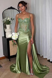 Sexy Mermaid Spaghetti Straps Mint Green Satin Slit Prom Dresses Party Dress Summer 20th Birthday Outfits Birthday Dresses HZ1214