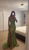 Sexy Mermaid Spaghetti Straps Mint Green Satin Slit Prom Dresses Party Dress Summer 20th Birthday Outfits Birthday Dresses HZ1214