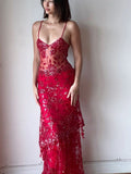 Sexy Mermaid Spaghetti Straps Red Long Prom Dresses Party Dress Summer 20th Birthday Outfits Birthday Dresses HZ1214