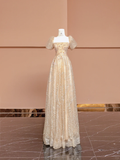 Niulatu A Line Puff Beaded Sequin Champagne Tulle Long Prom Dress Party Dress HZ0113