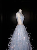 Niulatu V Neck Tulle Beaded Feathers A Line Prom Dress Evening Dress HZ1007