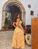 Niulatu A Line Spaghetti Strap Print Floral Yellow Satin Prom Dress Vacation Dress HZ0113