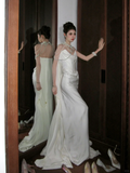 Pretty Wedding Dress Sheath Strapless Satin Sleeveless White Wedding Dresses Bridal Gowns With Cape HZ1214