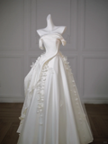 Pretty Wedding Dress Ball Gown Off The Shoulder Ivory Satin Long Wedding Dresses Bridal Gowns HZ1214