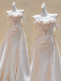 Pretty Wedding Dress Sheath Off The Shoulder Light Pink Satin Long Wedding Dresses Bridal Gowns HZ1214