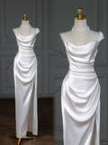 Pretty Wedding Dress Sheath Strapless Satin White Slit Long Wedding Dresses Bridal Gowns HZ1214