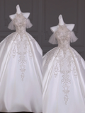 Pretty Wedding Dress Ball Gown High Neck Long Satin Wedding Dresses With Appliques Bridal Gowns HZ1214